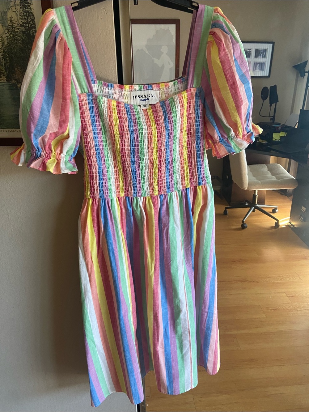 JessaKae women’s Rainbow Stripe Puff Sleeve Dress - Multicolor Pastels XL